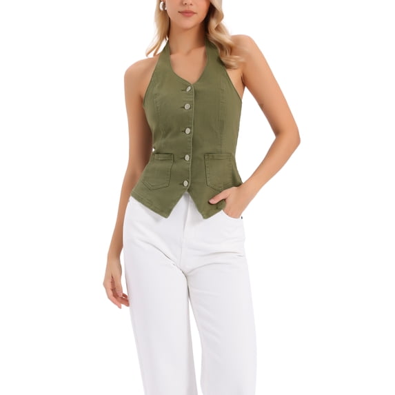 INSPIRE CHIC Women's Denim Vest Halter Neck Button Down Backless Jean Waistcoat S Army Green