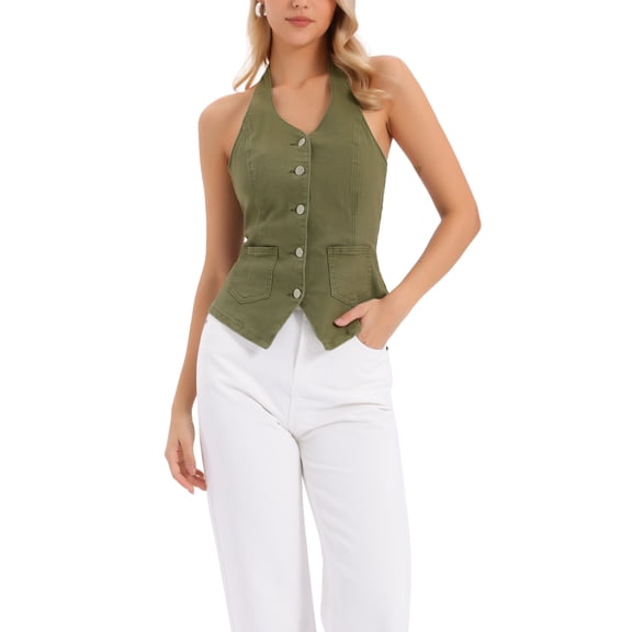 INSPIRE CHIC Women's Denim Vest Halter Neck Button Down Backless Jean Waistcoat XS Army Green