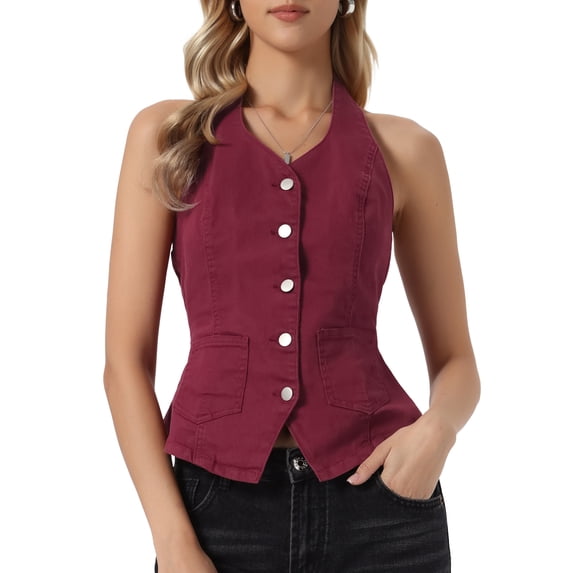 INSPIRE CHIC Women's Denim Vest Halter Neck Button Down Backless Jean Waistcoat XS Wine Red
