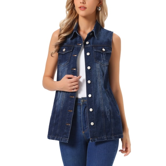 INSPIRE CHIC Women's Denim Vest Sleeveless Button Down Mid Length Casual Jean Vest Deep Blue XL