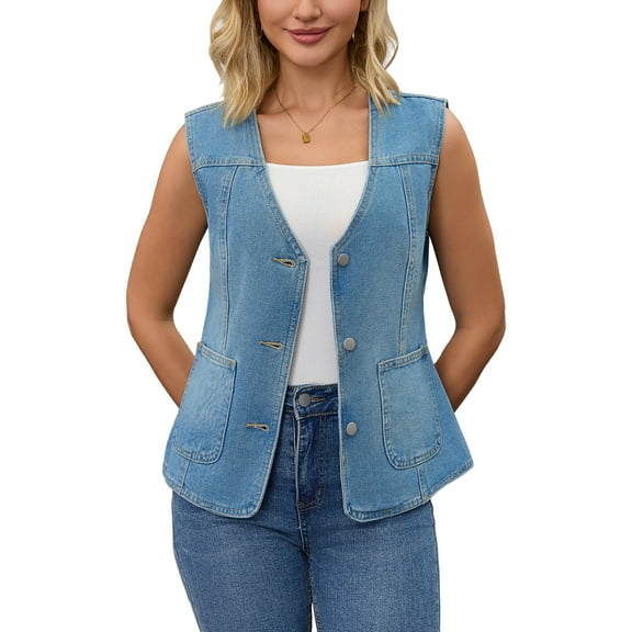 INSPIRE CHIC Women's Vest Denim V Neck Patch Pockets Button Down Sleeveless Jean Jacket 2XL Blue