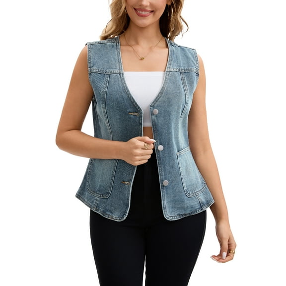 INSPIRE CHIC Women's Vest Denim V Neck Patch Pockets Button Down Sleeveless Jean Jacket L Blue Grey
