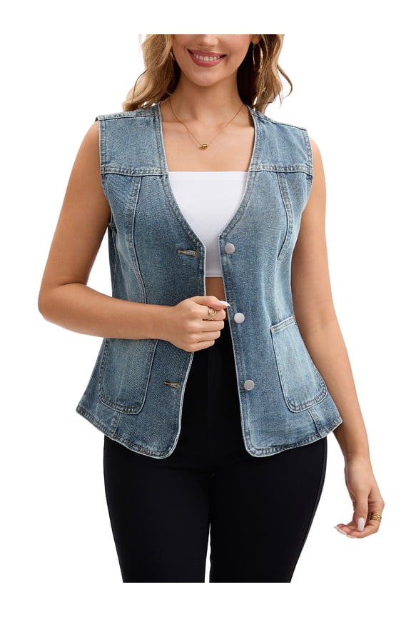 Women's Vest Denim V Neck Patch Pockets Button Down Sleeveless Jean Jacket L Blue Grey