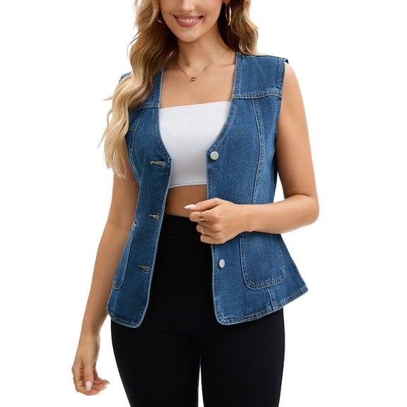 INSPIRE CHIC Women's Vest Denim V Neck Patch Pockets Button Down Sleeveless Jean Jacket L Dark Blue