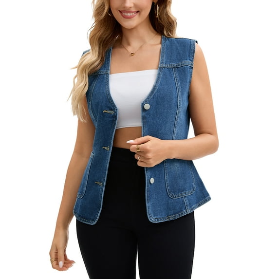 INSPIRE CHIC Women's Vest Denim V Neck Patch Pockets Button Down Sleeveless Jean Jacket M Dark Blue
