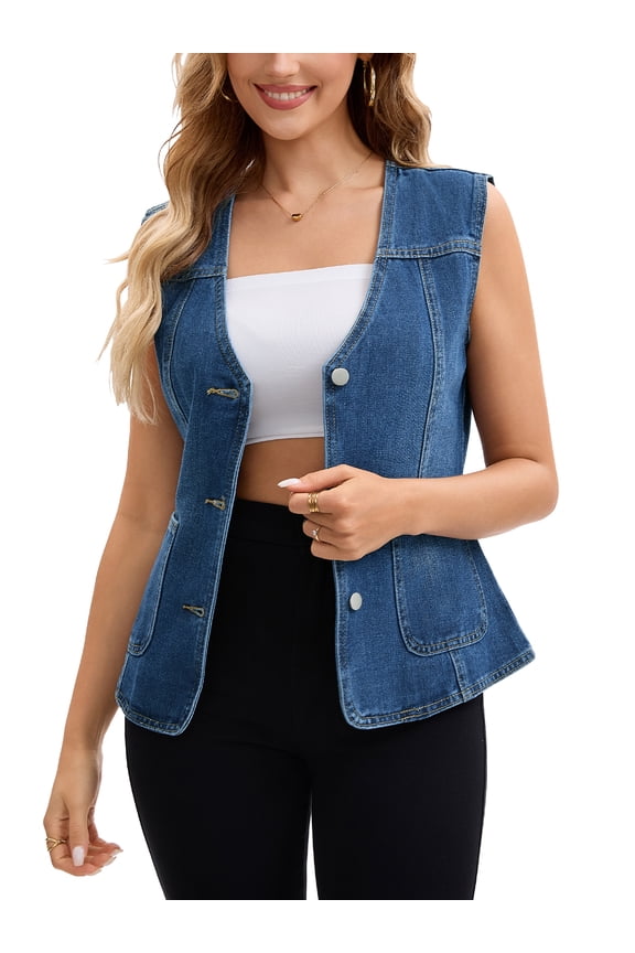Women's Vest Denim V Neck Patch Pockets Button Down Sleeveless Jean Jacket S Dark Blue