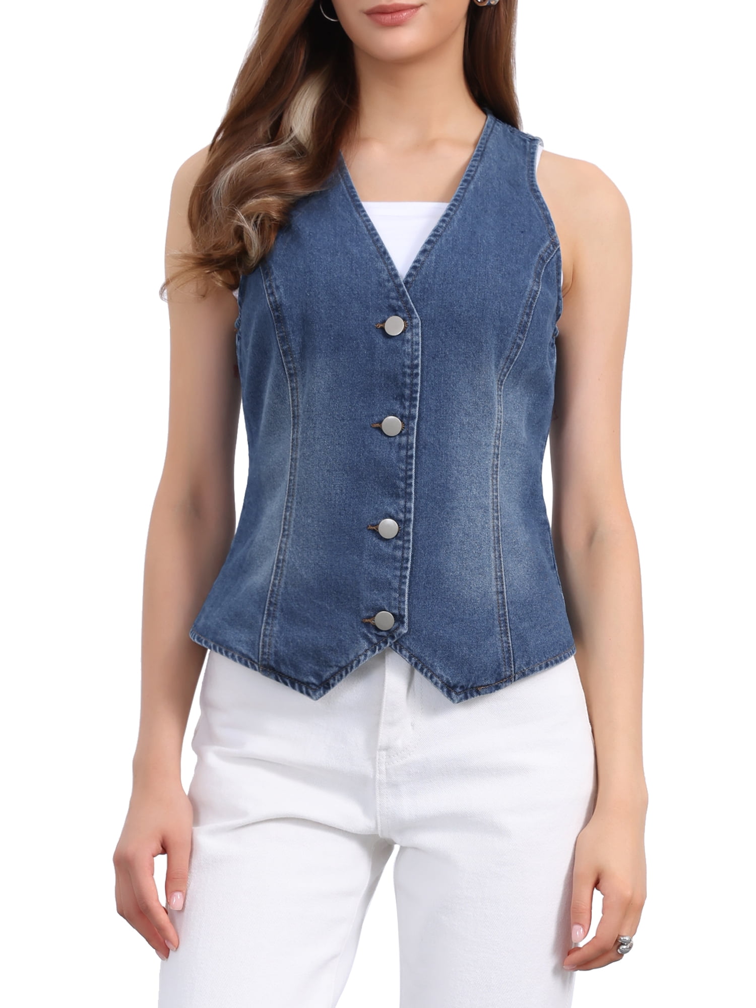 INSPIRE CHIC Women's Denim Vest V Neck Button Down Sleeveless Jean — free download