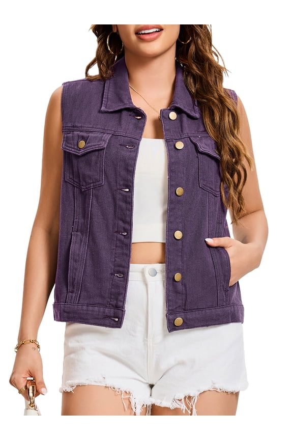 Women's Denim Vests Button Down Washed Back to School Sleeveless Jean Jackets with Pockets Deep Purple 2XL