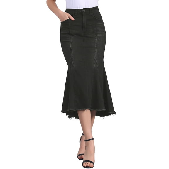 INSPIRE CHIC Women's Denim Washed Fishtail High Waist Raw Hem Fashion Casual with Pockets Midi Skirts S Black