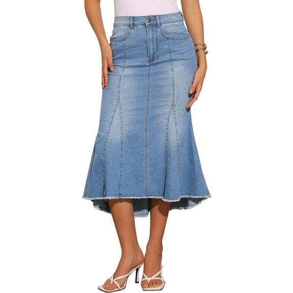 INSPIRE CHIC Women's Denim Washed Fishtail High Waist Raw Hem Fashion Casual with Pockets Midi Skirts XS Light Blue