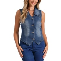 INSPIRE CHIC Women's Denim Washed Sleeveless Collared V Neck Button Down Waistcoat Vest XS Blue