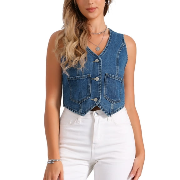 INSPIRE CHIC Women's Vest Denim Y2K V Neck Sleeveless Button Down Jean Waistcoat Crop Vest L Blue
