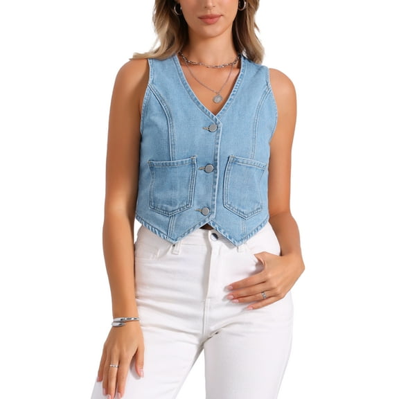 INSPIRE CHIC Women's Vest Denim Y2K V Neck Sleeveless Button Down Jean Waistcoat Crop Vest XS Light Blue