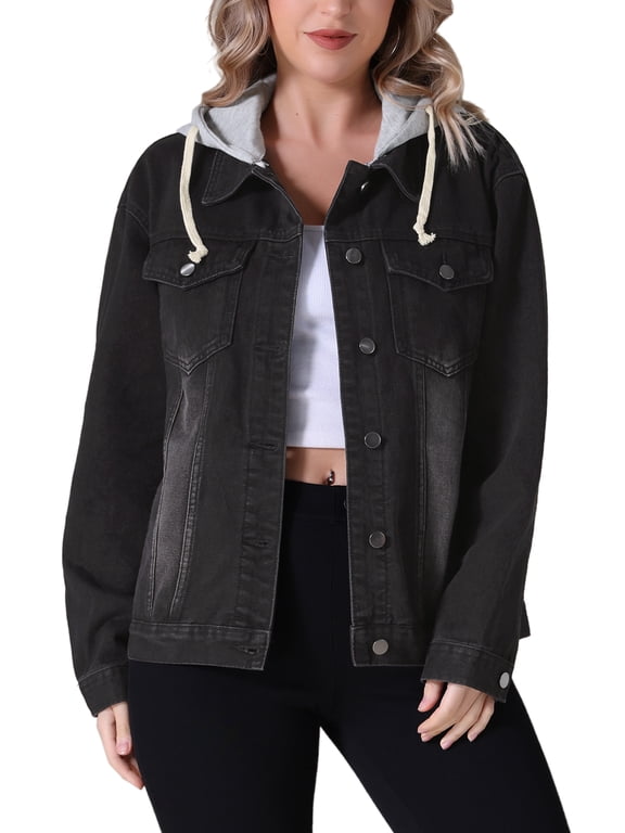 Women's Denim with Hood Distressed Long Sleeve Button Down Detachable Hoodie Jacket M Black