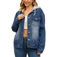 thumbnail image 1 of INSPIRE CHIC Women's Denim with Hood Distressed Long Sleeve Button Down Detachable Hoodie Jacket S Dark Blue, 1 of 6