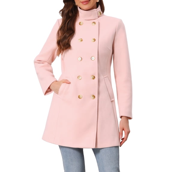 INSPIRE CHIC Women's Double Breasted Stand Collar Long Sleeve Midi Pea Coat Pink M