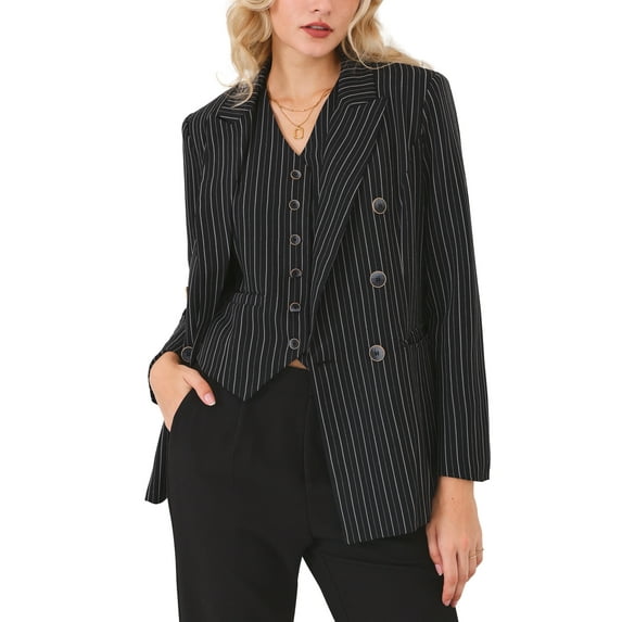 INSPIRE CHIC Women's Double Breasted Vintage Office Dressy Striped Suit Blazer L Black
