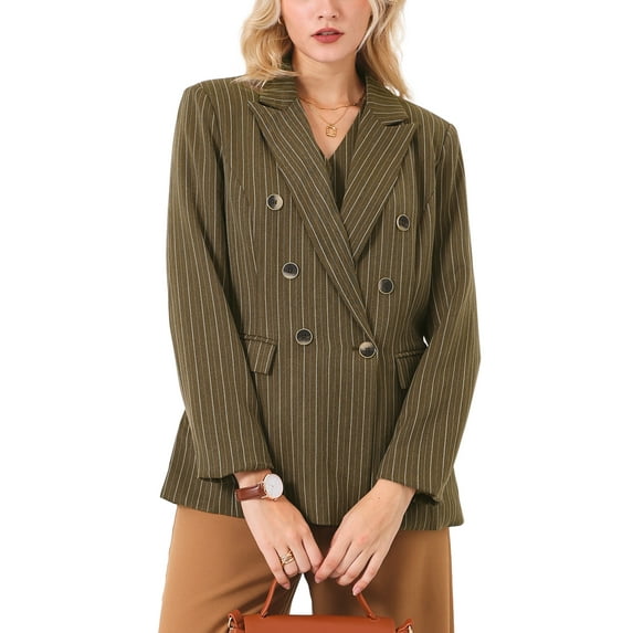INSPIRE CHIC Women's Double Breasted Vintage Office Dressy Striped Suit Blazer L Brown