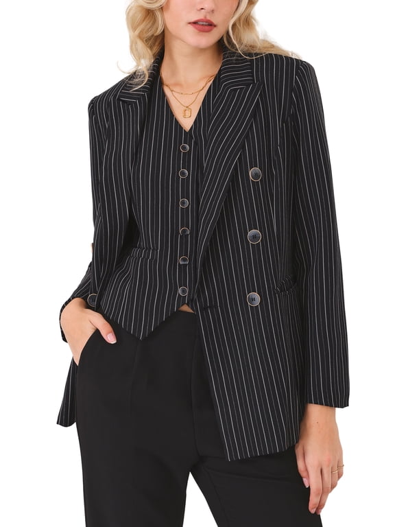 Women's Double Breasted Vintage Office Dressy Striped Suit Blazer M Black