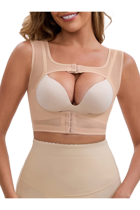 Women's Double Front Closure Push-Up Shapewear Wide Straps with Breast Support Band Posture Corrector Tank L Beige