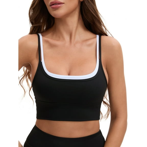 INSPIRE CHIC Women's Double Spaghetti Strap Slim Fit Longline Full Coverage Workout Padded Sports Bras S Black