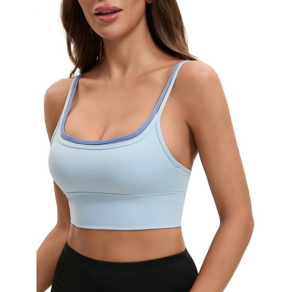 INSPIRE CHIC Women's Double Spaghetti Strap Slim Fit Longline Full Coverage Workout Padded Sports Bras S Blue