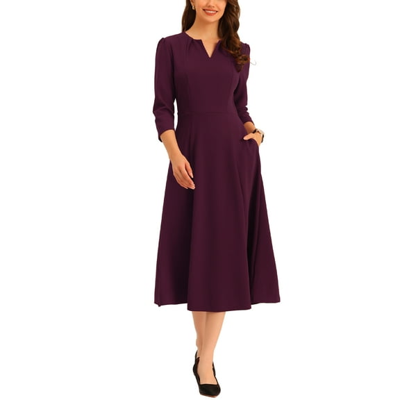 INSPIRE CHIC Women's Work Dress A Line 3/4 Sleeves Elegant Midi Dress XS Deep Purple