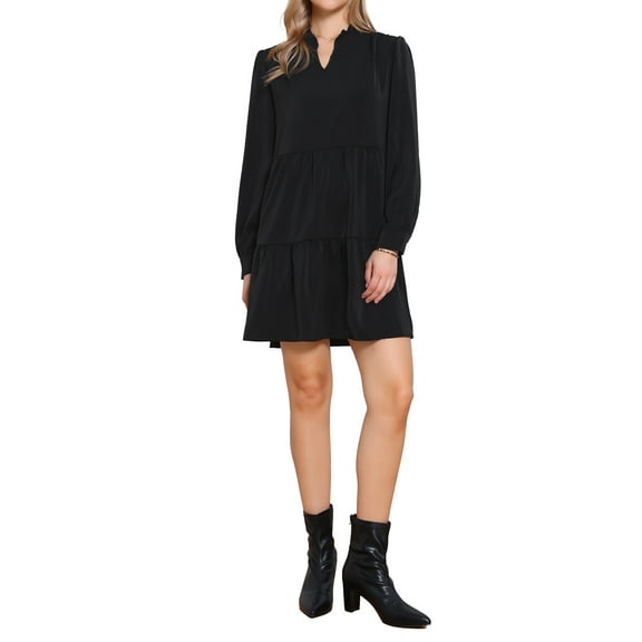 INSPIRE CHIC Women's Dress Casual Tunic Fall Long Sleeve Flowy Tiered Dress XS Black