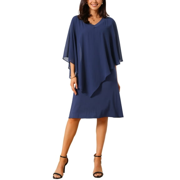 INSPIRE CHIC Women's Fall Dresses 3/4 Sleeve V Neck Chiffon Cape Overlay Knee Length Pencil Dress M Dark Blue