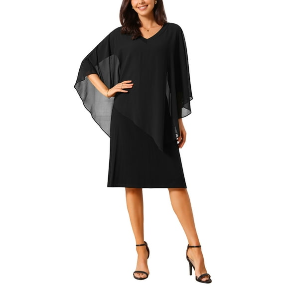 INSPIRE CHIC Women's Fall Dresses 3/4 Sleeve V Neck Chiffon Cape Overlay Knee Length Pencil Dress S Black