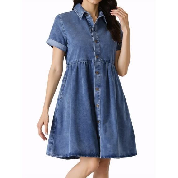 INSPIRE CHIC Women's Dress Collared Button Down Short Sleeve A Line Jean Dresses XS Blue