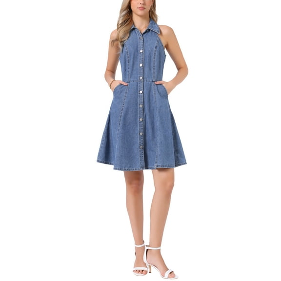 INSPIRE CHIC Women's Dress Denim Lightweight Jeans Halter Neck Button Down A-Line Dresses L Light Blue