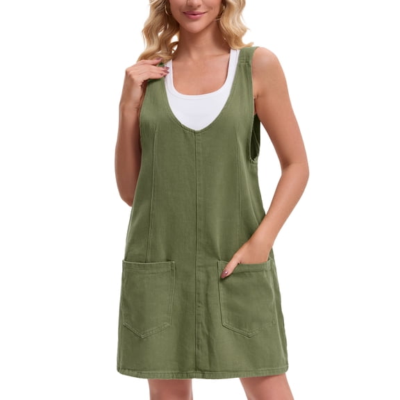 INSPIRE CHIC Women's Dress Denim Overalls Loose Casual Sleeveless Pinafore Mini Dresses M Army Green