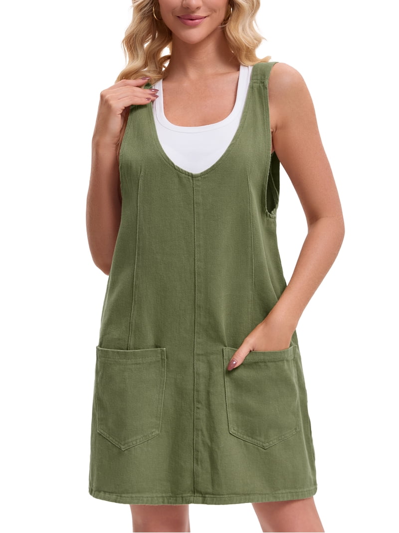 army denim dress Allegra K Women's Button Down Collar V Neck Long Sleeve Faux Chest Pockets A-line Denim Dress Army Green Medium