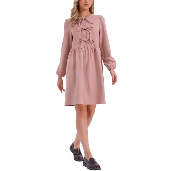 INSPIRE CHIC Women's Dress Fall Babydoll Casual Long Sleeve Front Bow Tie Cute Tunic Dresses S Grey Pink