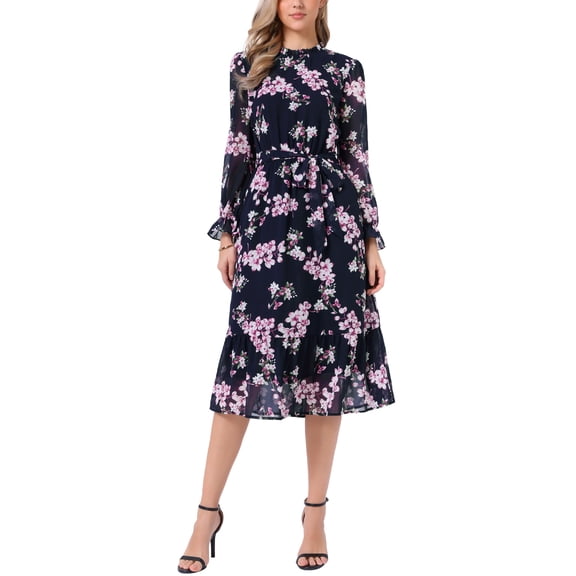 INSPIRE CHIC Women's Dress Floral Mock Neck Ruffle Long Sleeve Flowy Chiffon A-Line Midi Dresses L Dark Blue