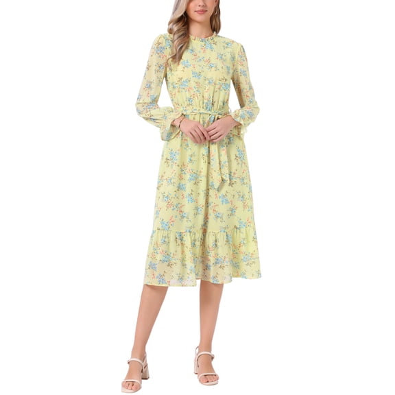 INSPIRE CHIC Women's Dress Floral Mock Neck Ruffle Long Sleeve Flowy Chiffon A-Line Midi Dresses L Yellow