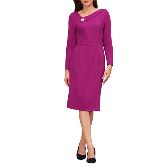 INSPIRE CHIC Women's Dress Formal Asymmetrical Neck Long Sleeve Midi Stretch Dresses XL Purple