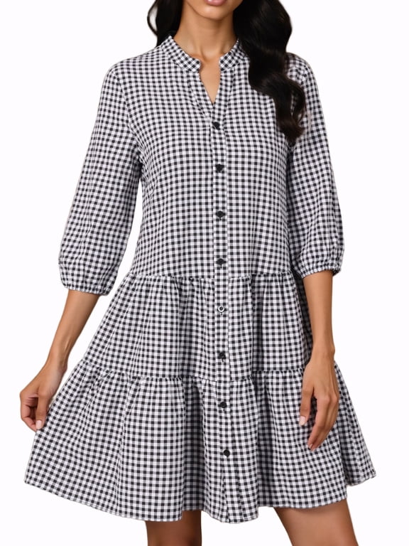 Women's Dress Plaid V Neck 3/4 Sleeve A-Line Dresses XS Black White