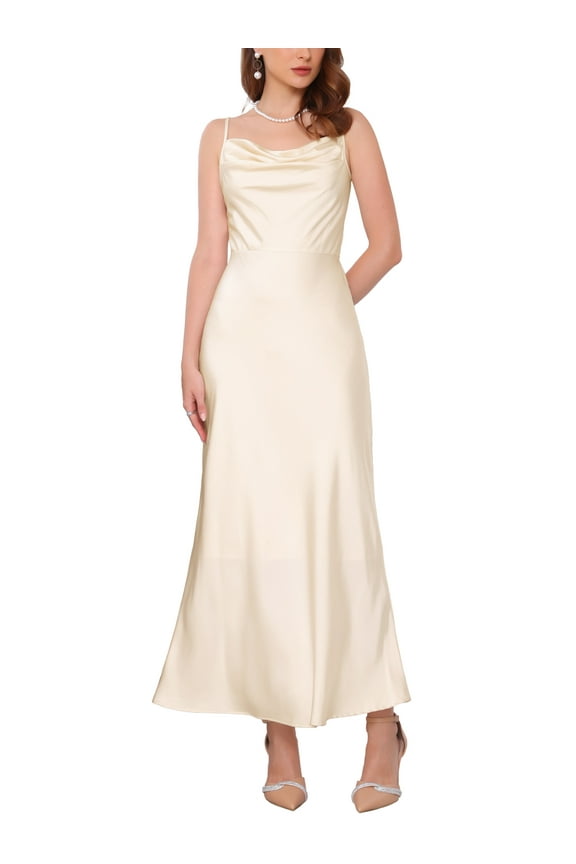 Women's Dress Satin Spaghetti Strap Cowl Neck Maxi Ruched Dress XL Champagne