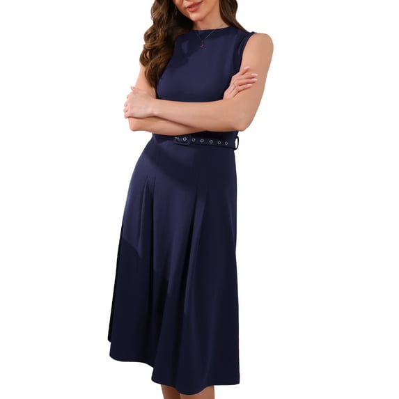 INSPIRE CHIC Women's Dress Sleeveless Crew Neck High Waist A-Line Office Dresses XL Navy Blue