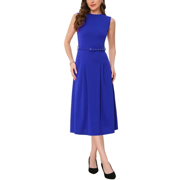 INSPIRE CHIC Women's Dress Sleeveless Crew Neck High Waist A-Line Office Dresses XS Royalblue