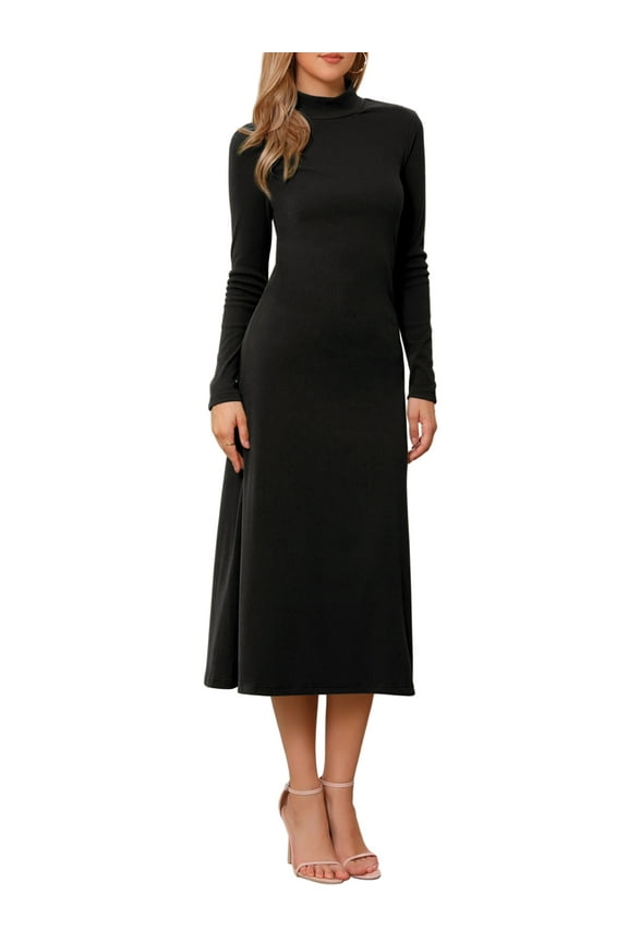 Women's Dress Sweater Turtleneck Long Sleeve Stretch Flowy Ribbed Knit Maxi Dress XS Black