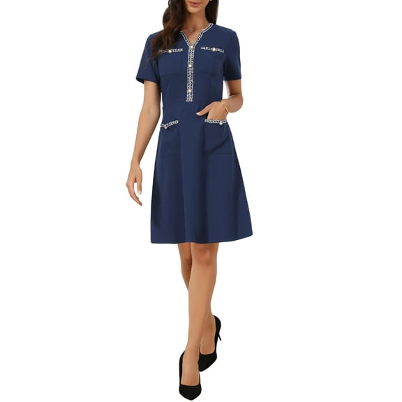 INSPIRE CHIC Women's Dress Work V Neck Short Sleeves Tweed Trim Dressy Office A-Line Dress XS Dark Blue
