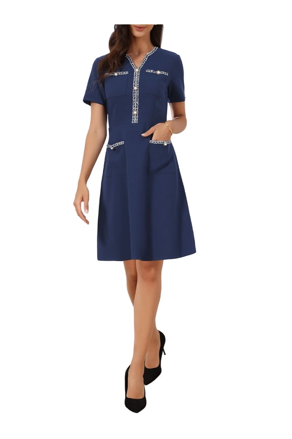 Women's Dress Work V Neck Short Sleeves Tweed Trim Dressy Office A-Line Dress XS Dark Blue
