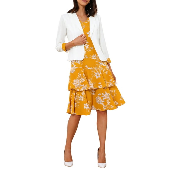INSPIRE CHIC Women's 2 Piece Suit Set Notched Lapel Blazer Layered Dress Outfit L White Yellow