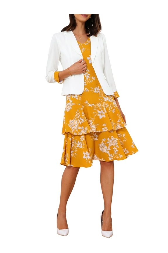 Women's Dress and Jacket 2 Piece Sets Chiffon Floral Sleeveless Dress and Contrast Panel Jacket XL White Yellow