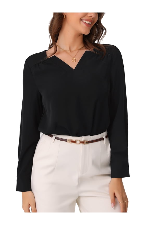 Women's Dressy Casual Long Sleeve V Neck Business Work Fashion Outfit Blouses XS Black