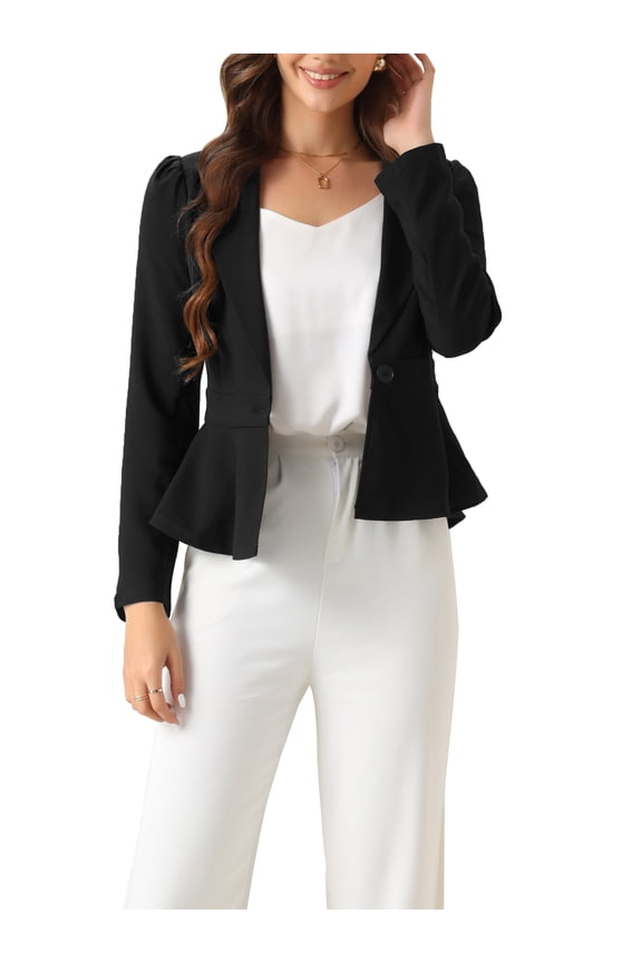 Women's Dressy Elegant Peplum One Button Long Sleeve Ruffle Hem Blazer S Black