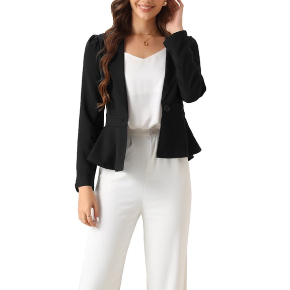 INSPIRE CHIC Women's Dressy Elegant Peplum One Button Long Sleeve Ruffle Hem Blazer XL Black